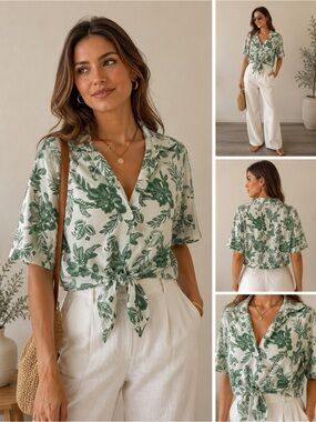 Marc New York Jeans Green Botanical Linen Blend Button-Up Crop Top | Size S